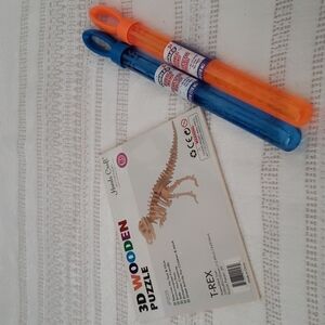 Kids lot, bubble wands and T-REX wooden 3 D puzzle, Boy or girl.